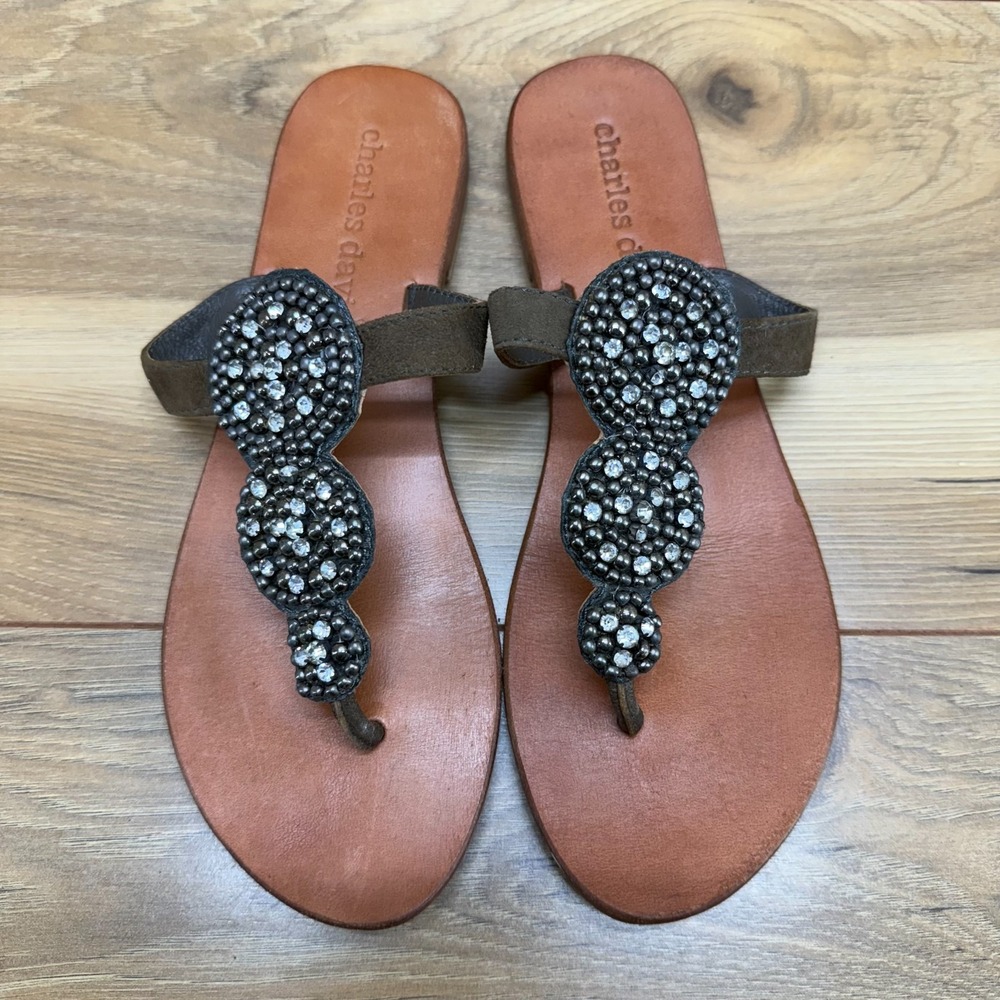 Charles David Sandals Size 6 Brown Leather Beaded Rhinestones Flip Flops‎